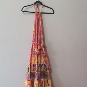Farm Rio Mixed Fruit Tiered Colorful Halter Maxi Dress